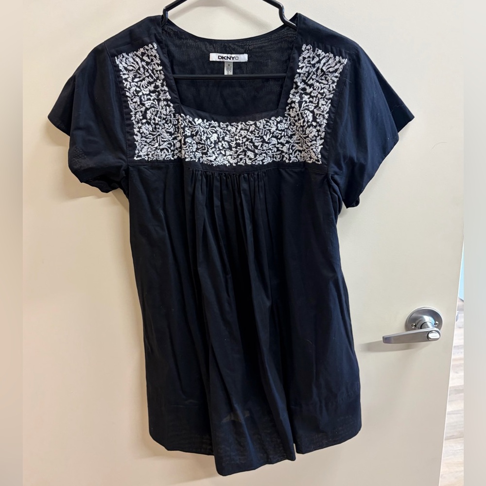 DKNY Black Blouse with White Floral Detail